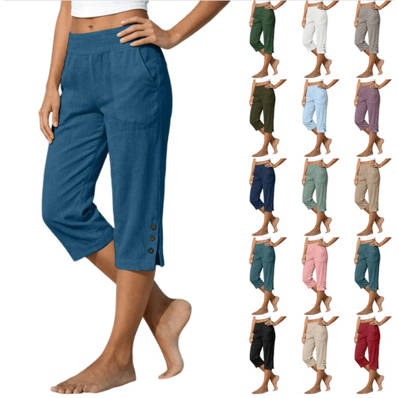 Capri Pants for Women - Split Button Elastic Waist Cotton Linen Capris Summer Casual Pedal Pushers with Pockets (Blue,S)