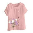 thumbnail image 4 of DDAPJ pyju Women's Plus Size Linen Tops Floral Print Casual Summer Short Sleeve Blouses Oversized Crew Neck Tshirt Prime Sales of The Day Pink XXL, 4 of 5