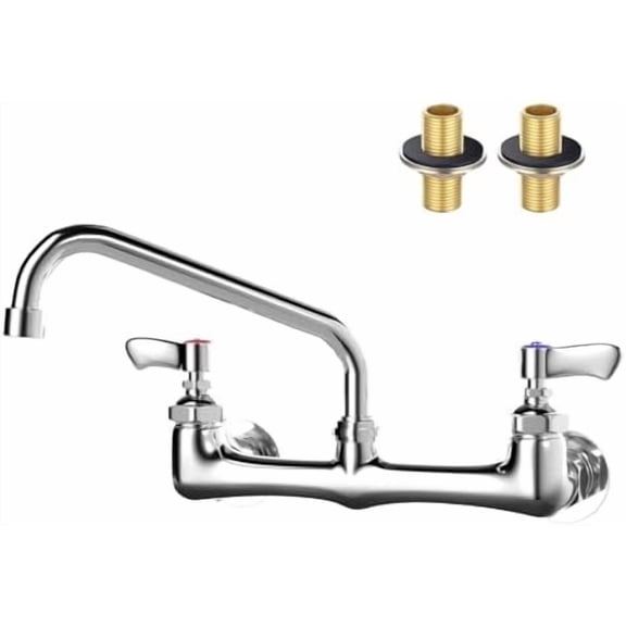 Wall Mount Kitchen Faucet, Commercial Sink Faucet with 8-inch Swivel Spout, Brass Dual Handle Utility Laundry, Chrome Gooseneck Spout, for Laundry Room Restaurant Compartment Sink