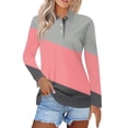 thumbnail image 2 of Womens Long Sleeve Polo Shirts Color Block V Neck Collared, Fall Casual Tunic Tees for Weekend Pink M, 2 of 6