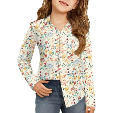 CCRFTGI Girls Long Sleeve Shirts for Child Size 10-12 Causal Back To School Button Up Collared Shirts Formal Floral Print Dress Shirt Classic School Uniform Blouse with Pocket Saffron 7-8 Years
