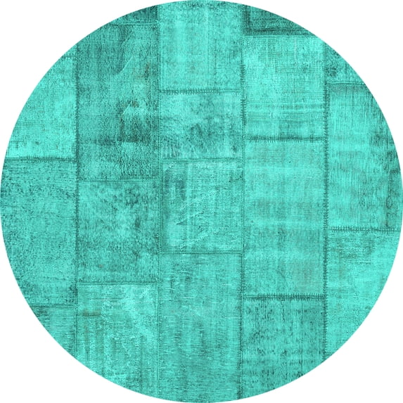 Ahgly Company Machine Washable Indoor Round Patchwork Turquoise Blue Transitional Area Rugs, 6' Round