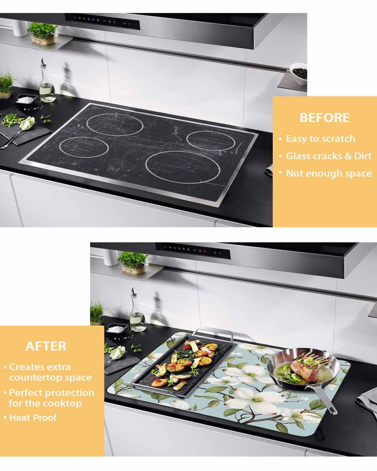 nqOlkjepod Large Induction Cooktop Protector Mat 24"x21", Vintage Flower Stove Top Covers for Electric Stove, Spring Blooms Botanicals Green Leaf Stove Burner Cover Mats, Glass Top Stove Cover