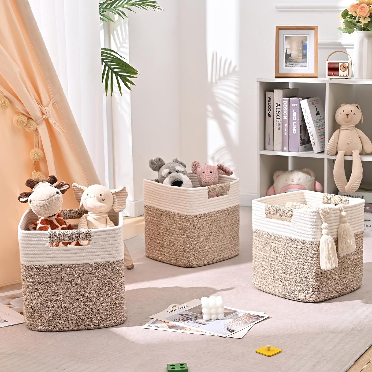 Natubeau 3 Pack Woven Storage Basket for Shelves, Cube Storage Bins, Cotton Rope Woven Baskets for Organizing, 11 Inch, White & Jute