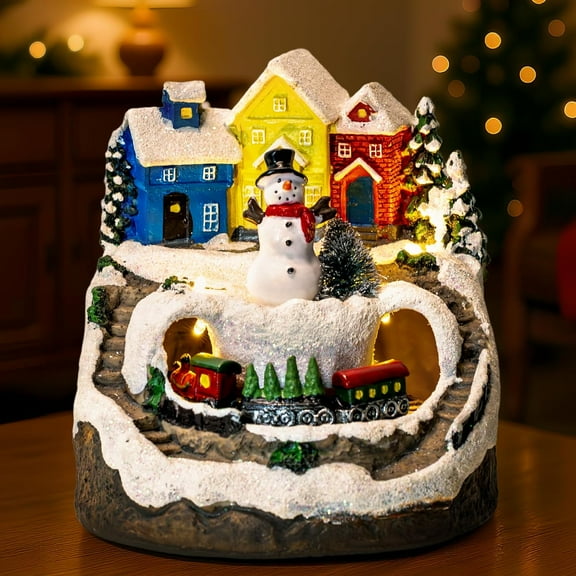 Animated Musical Christmas Snowman Village Houses with Rotating Train, Lighted Christmas Collection Figurines for Home Tabletop Decorations Ornaments Gifts