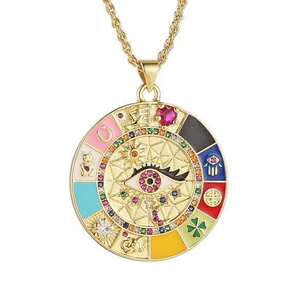 HZMAN Evil Eye Necklace for Women Retro Enamel 18K Gold Plated Round Medal Necklace Pendant Good Luck Amulet Jewelry Gift (Colorful-5)