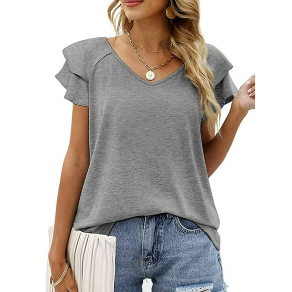 Luxtrada - Camisetas de verano para mujer, con volantes, manga corta, cuello en V, informales, holgadas (gris, L)