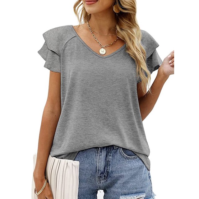 Luxtrada - Camisetas de verano para mujer, con volantes, manga corta, cuello en V, informales, holgadas (gris, L)