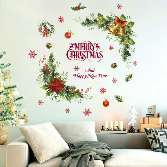 Qocolhg Christmas Stickers, Christmas Flower Wall Stickers Christmas Leaves and Floral Christmas Window Wall Art Decals for Christmas Party Xmas Living Room Home Party Christmas Decorations Clearance