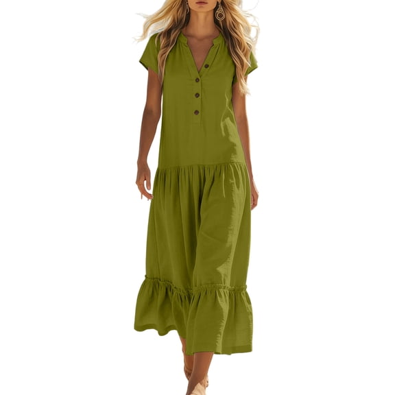 MaFYtyTPR Women’s V-Neck Button Dress Solid Color Front Tiered Maxi Short Sleeve Casual Loose Dresses for Daily Wear Z-Green L