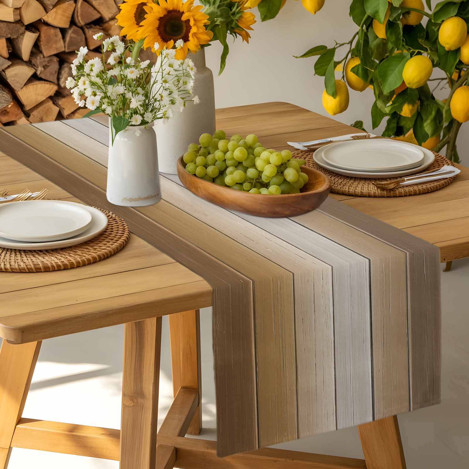 Brown Ombre Cotton Linen Table Runner for Dining Kitchen, Vintage Country Wooden Wedding Outdoor Party Tablerunners Decoration, Dresser Scarf Coffee Tablecloth Runners 13x70 Inches