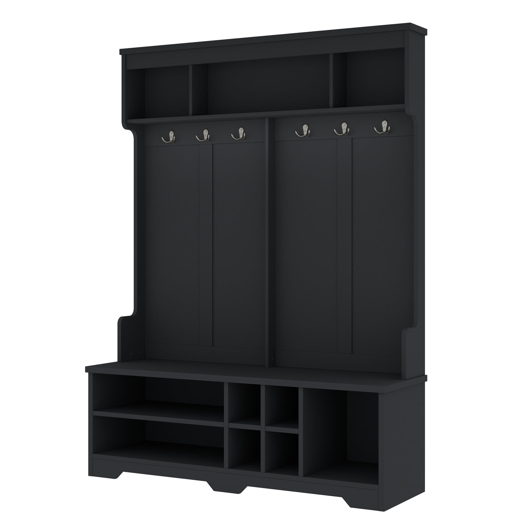 T-Foyer Modern Black Hall Tree with 6 Hooks & Bench, Wooden Rustic Entryway Organizer with Open Storage