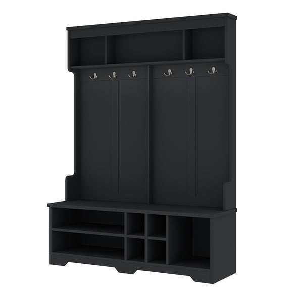 Xukmct Entryway Coat Rack with Shoe Rack, Wood Hall Tree with Metal Hooks and Storage Shelves, Black