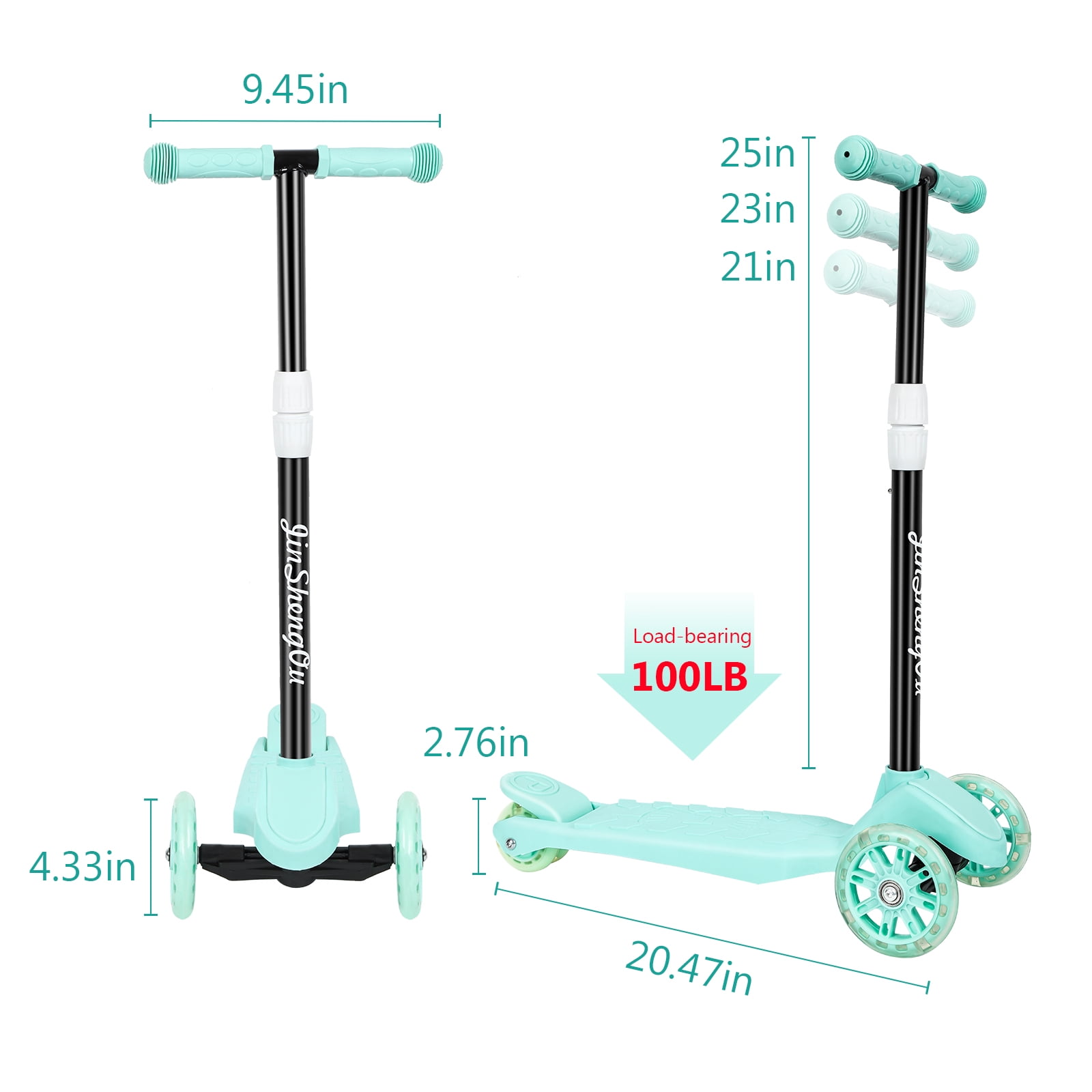 Kids Kick Scooter with Adjustable Height and Light Up Wheels, Mint Green