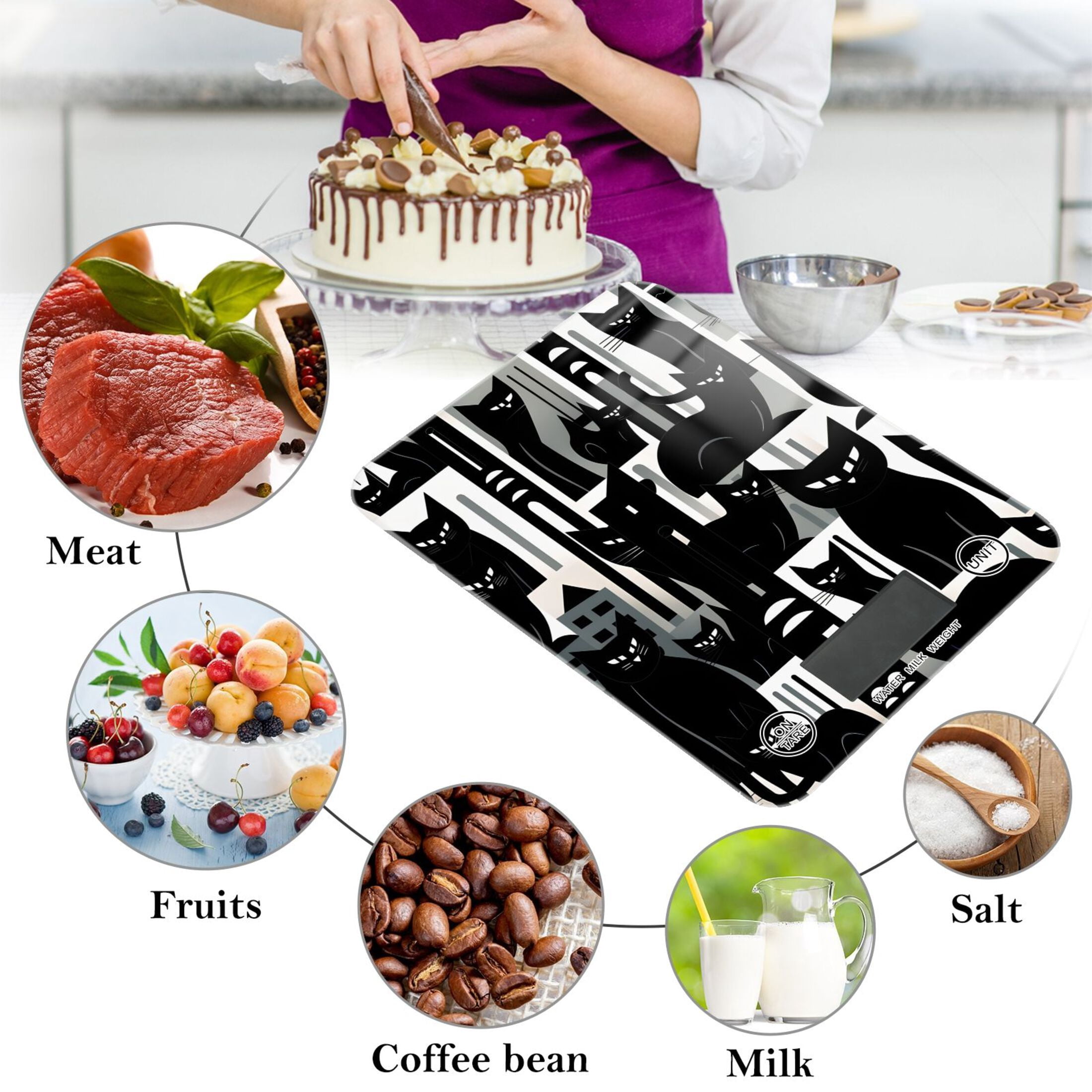 Black Cats Houses Food Scale Digital Kitchen Scale Waterproof Tempered Glass Tare Function 11 lb for Baking Cooking Meal Prep