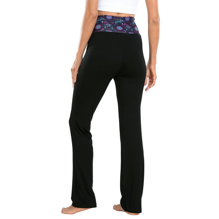 HDE Women's Color Block Fold Over Waist Yoga Pants Flare Leg Workout  Leggings Dreamcatcher / Black L 