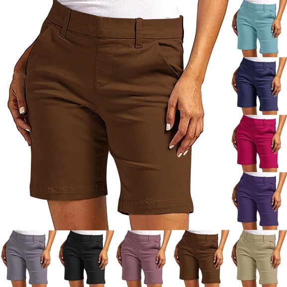 Women's Straight Leg Bermuda Shorts Mid Waisted Stretch Casual Pants Summer Vacation Hiking Golf Shorts with Pockets, #03 Brown, XL