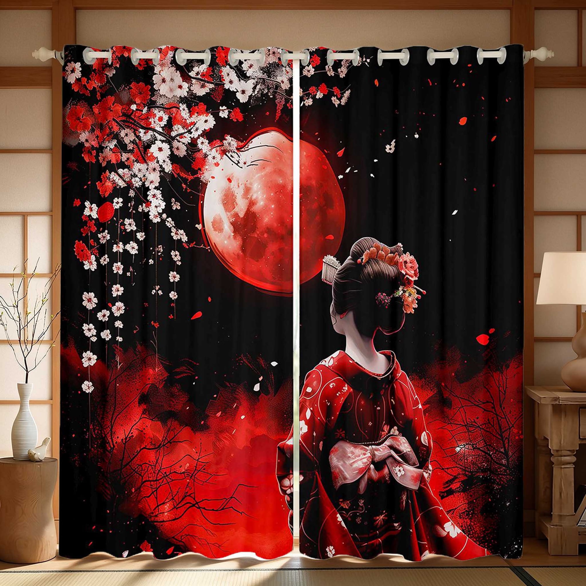 Manfei Red Kimono Blackout Curtains Set of 2 (52x84 Each) Crimson Moon Blossom Curtain
