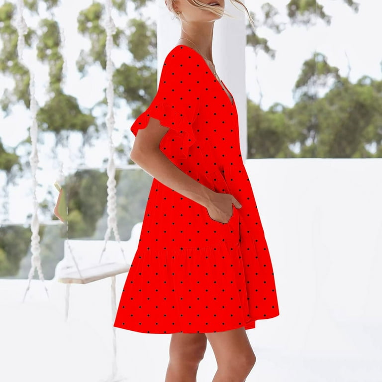 LOVZFMLL Summer Dresses for Women Casual Loose V Neck Short Sleeve Mini  Dress Ruffle Swing Polka Dot/Boho Floral Print Beach Sundress Red A M -  Walmart.com