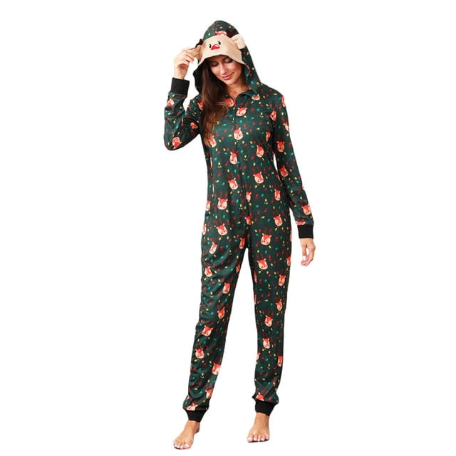 Pijama De Navidad Familiar De Manga Larga Con Capucha Y Estampado De Ciervo Con Cremallera Mono Casual