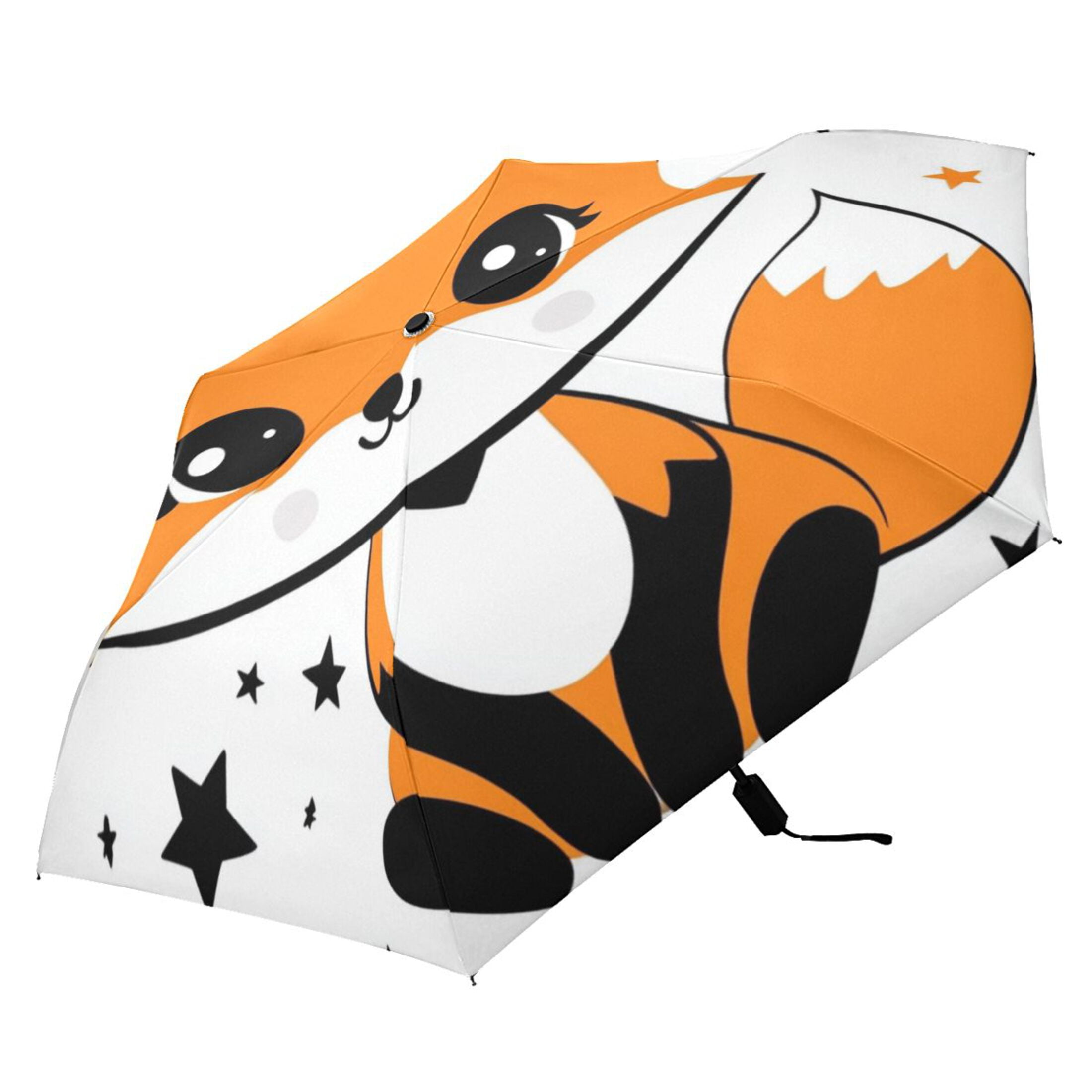 Cute Fox with Crown Stars All Weather Umbrella Triple Folding Parasol 6 Ribs UV Protection Portable