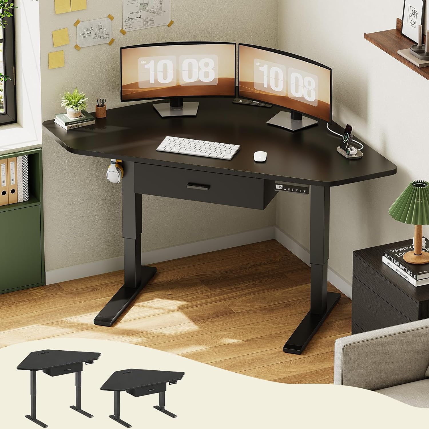 Standing Corner Desk with Drawer, Small Stand Up Desk with Power Outlets, Triangle Computer Desk for Home Office, Gaming Desk, Writing Desk, Black