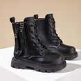 thumbnail image 2 of Puntoco Mid-Calf Combat Boots for Girls Solid Leather British Style Lace Up Side Zipper Boots, 2 of 9