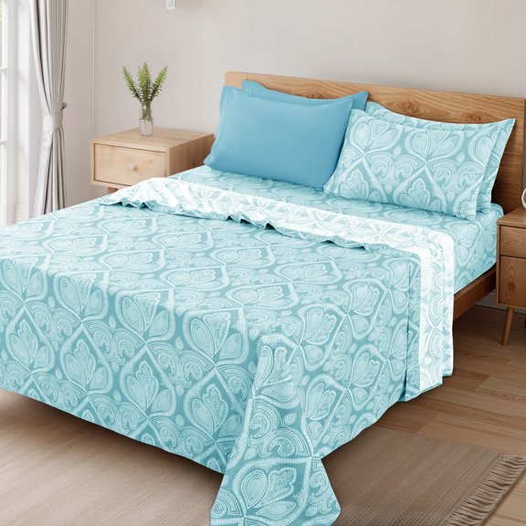 Lux Decor 6 Piece Queen Bed Sheets Set – Ultra-Soft Microfiber, Paisley Print, Upto 16" Deep Pocket Fitted Sheet, Flat Sheet & 4 Pillowcases, Blue