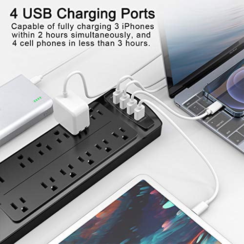 ALESTOR Surge Protector with 12 Outlets and 4 USB Ports Power Strip 6 Feet Ex 