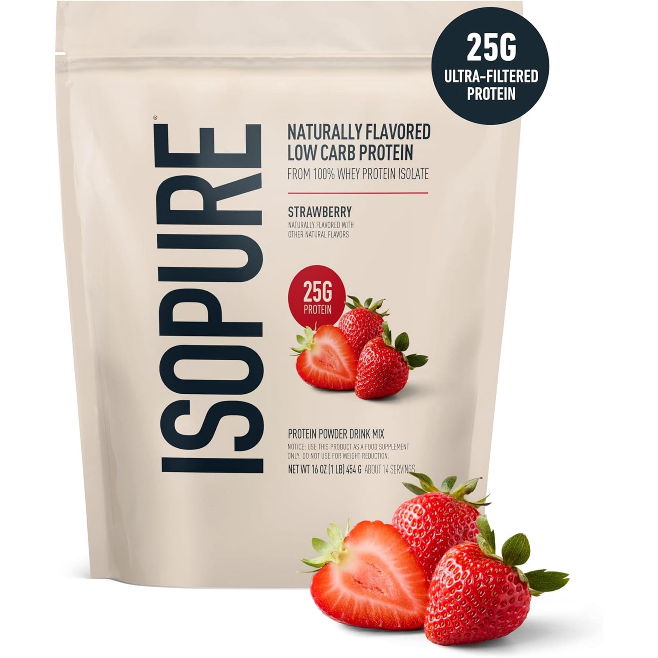 Isopure, Low Carb 100% Whey Protein Isolate, 25 g Protein Powder, Strawberry, 1 lb, 14 Servings
