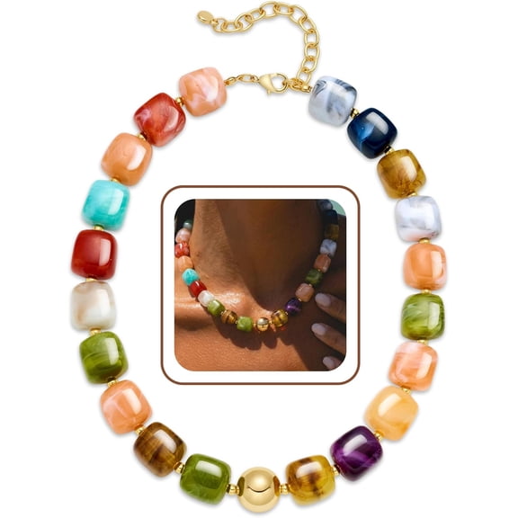 Tarien Colorful Chunky Beaded Necklace for Women Trendy Summer Jewelry | Statement Big Large Resin Bead Bubble Choker Necklaces Boho Charm Fashion Jewelry