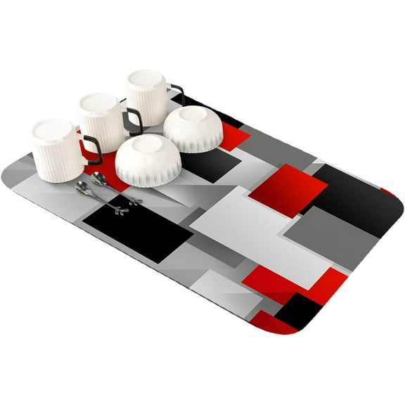 Red Black Grey Dish Drying Mat for Kitchen Counter,Super Absorbent Quick Dry Coffee Bar Mat Pad Thin Diatomaceous Sink Mat Non Slip Dish Drainer Mat 16x18 Modern Middle Century Geometric Abstract Art