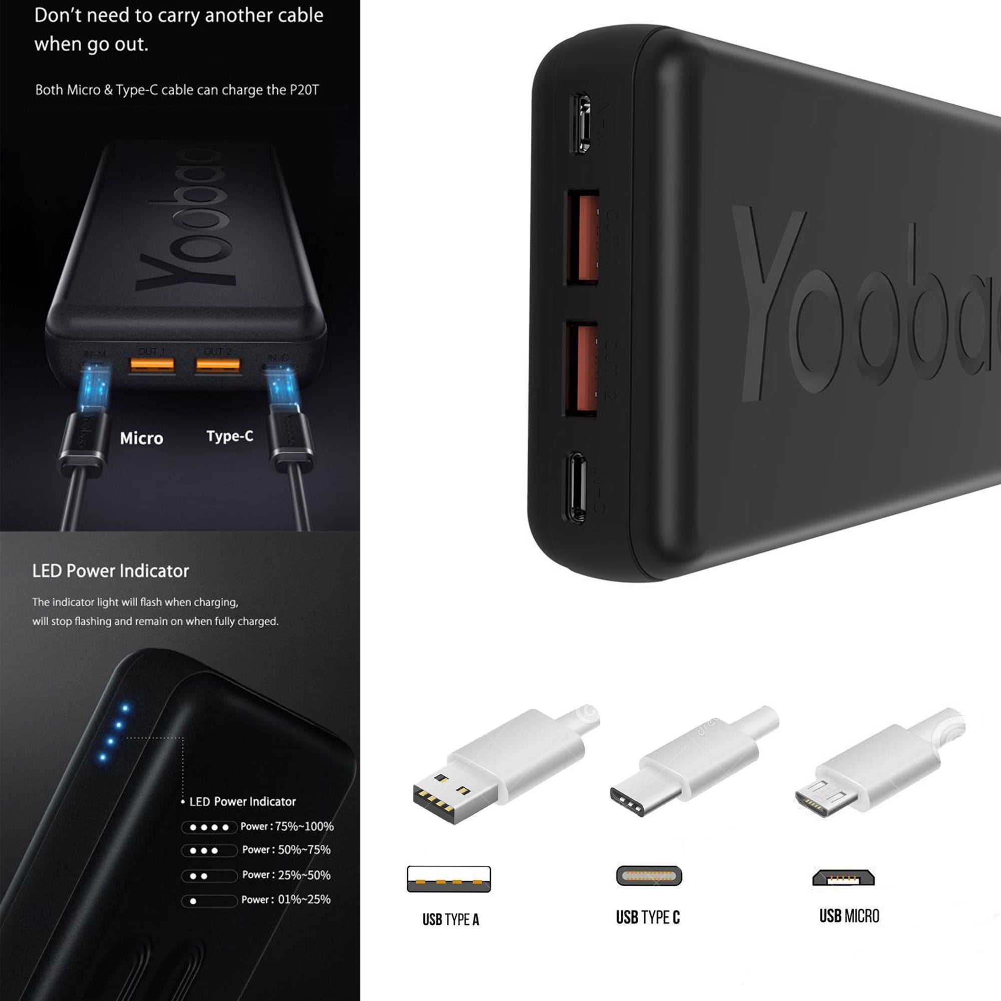 Portable Battery Backup Charger 20000mAh Compact External Power Bank, Compatible with iPhone Samasung Google OnePlus Phones & More Micro & USB-C Battery /Black P20T