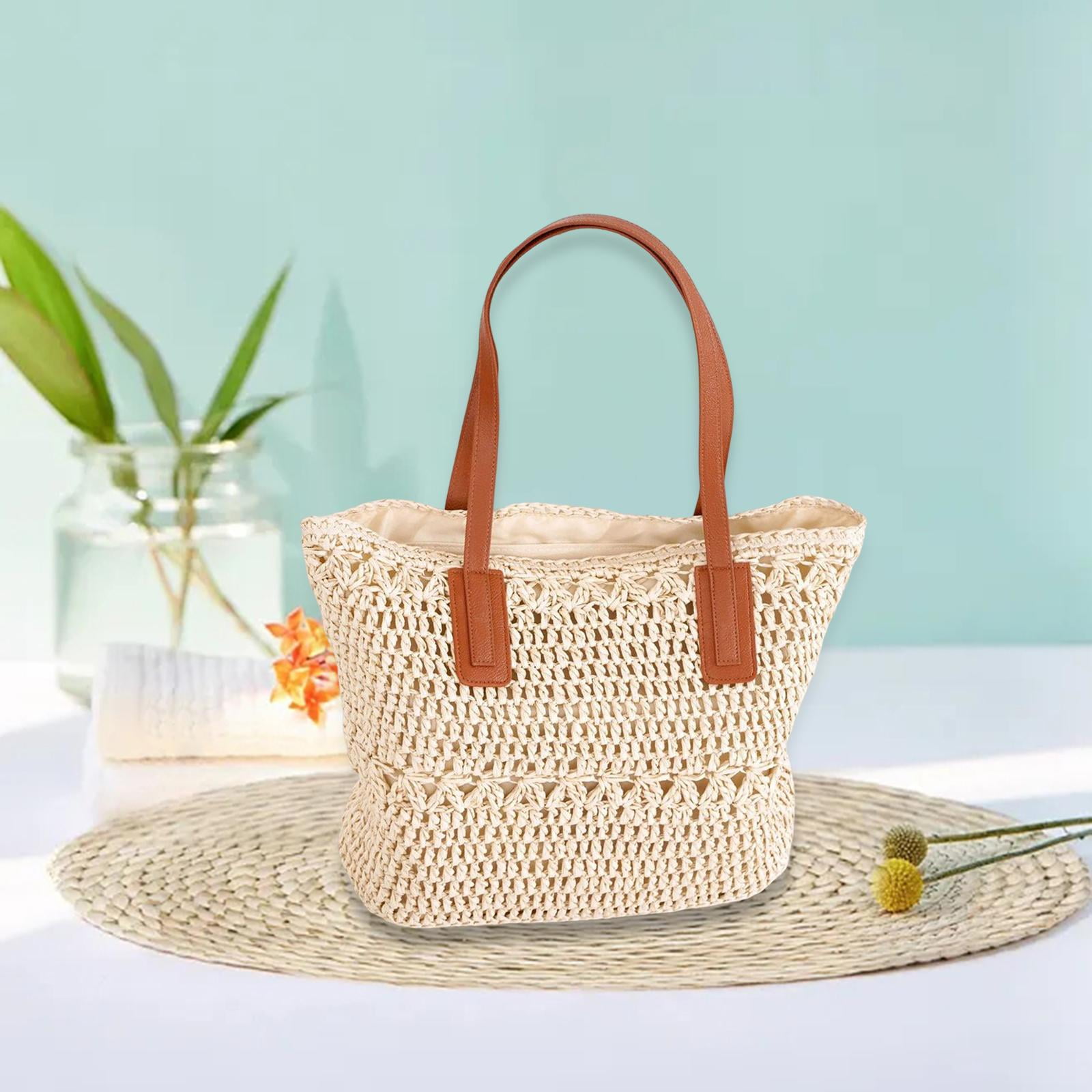 Sac à Main Décontracté en Paille Tressée, Portefeuille à Poignée Supérieure, Sac d'Été pour la Plage, beige
