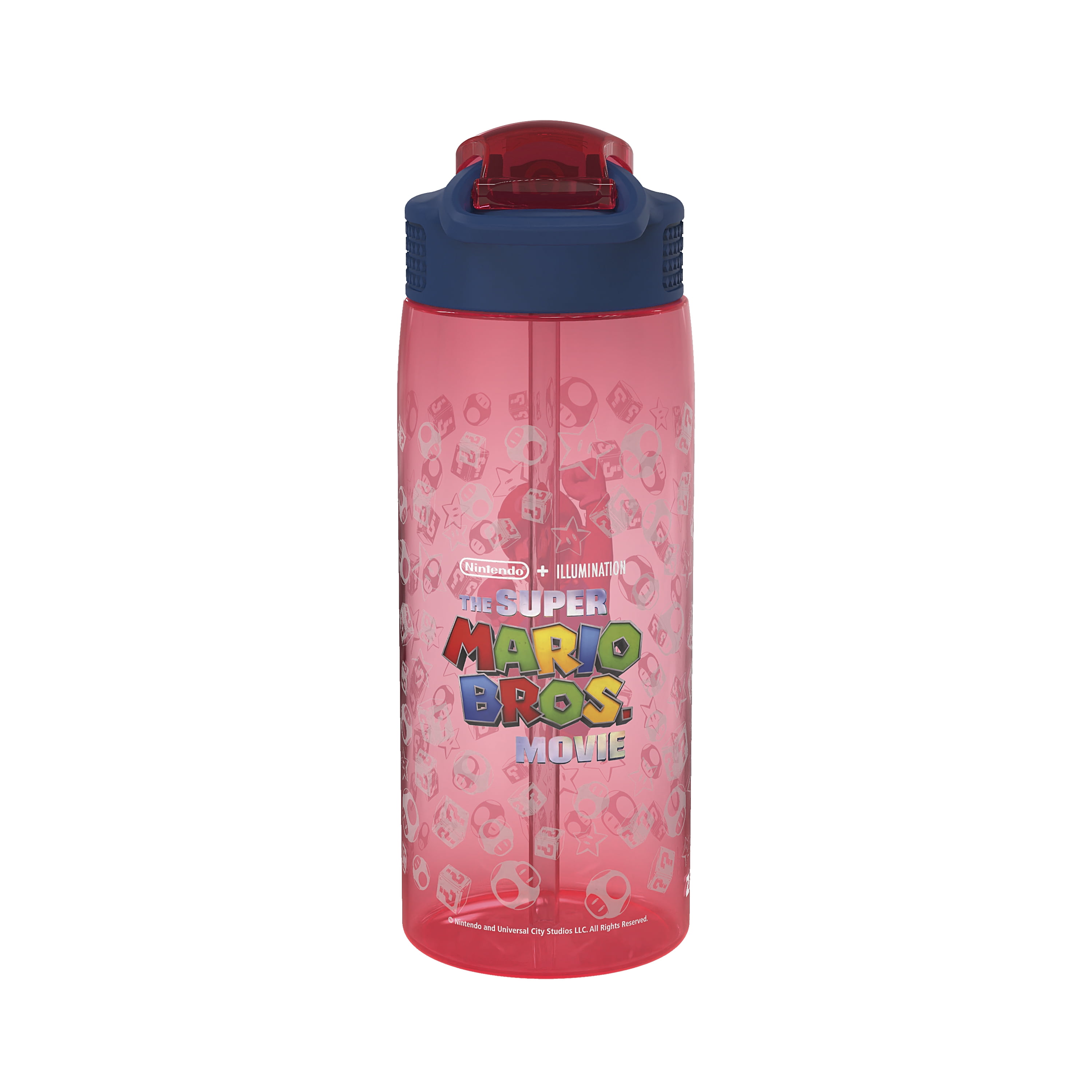 Zak Designs 25oz Mario Kids Straw Water Bottle, Durable Plastic Park Bottle with Easy-Open Locking Spout Cover for Travel, Built in Carry Handle