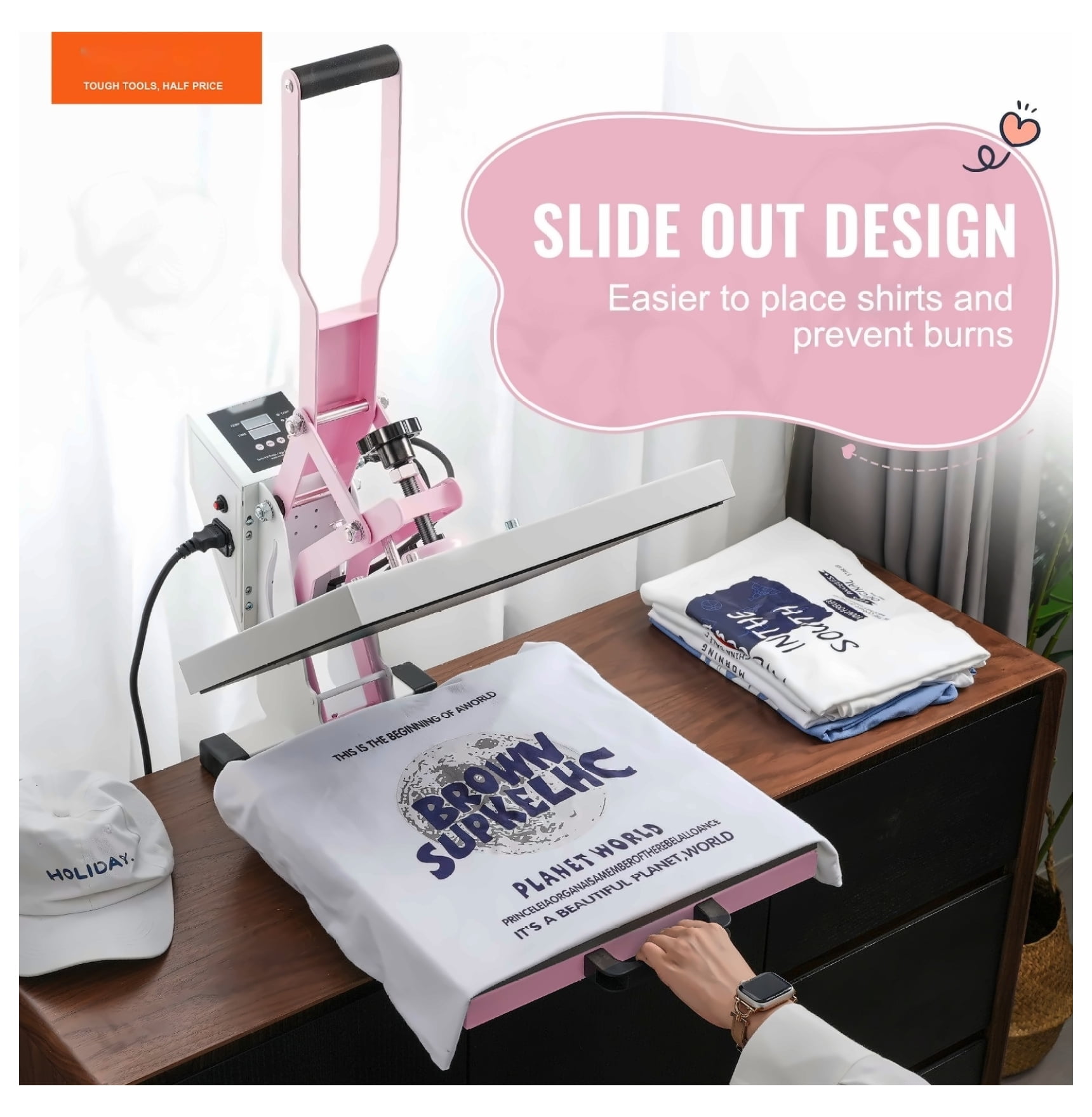 Heat Press Machine 15x15 Pink Slide Out Transfer Press for T-Shirts, Pillowcases, DIY Crafts with Digital Control