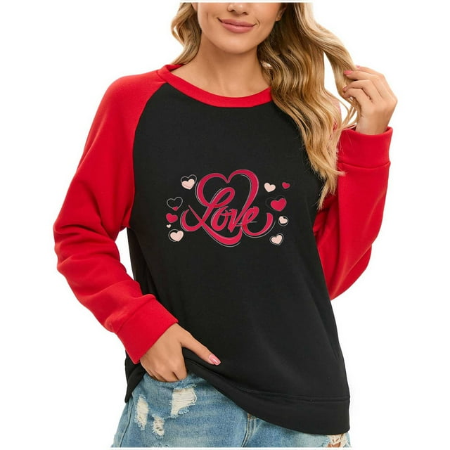 VALMASS Chandails Surdimensionnés de la Saint-Valentin pour Femmes Manches Raglan Col Rond Hauts Décontractés Amples Imprimés Chandail Blouses (m, Noir-B)