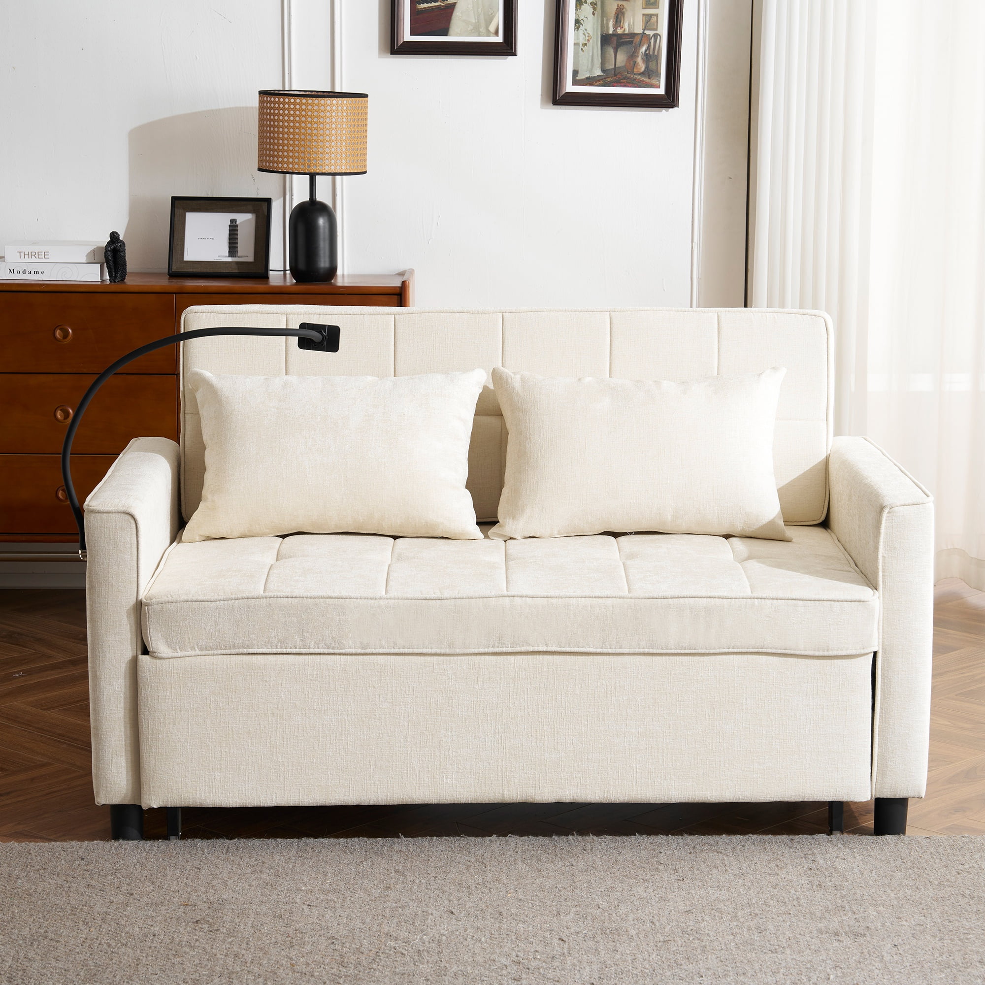 3 in 1 Convertible Sofa Bed, Pull Out Couch with Phone Holder & Backrest Cushion, Loveseat Sleeper for Living Room, Little Apartment, Bedroom, Beige