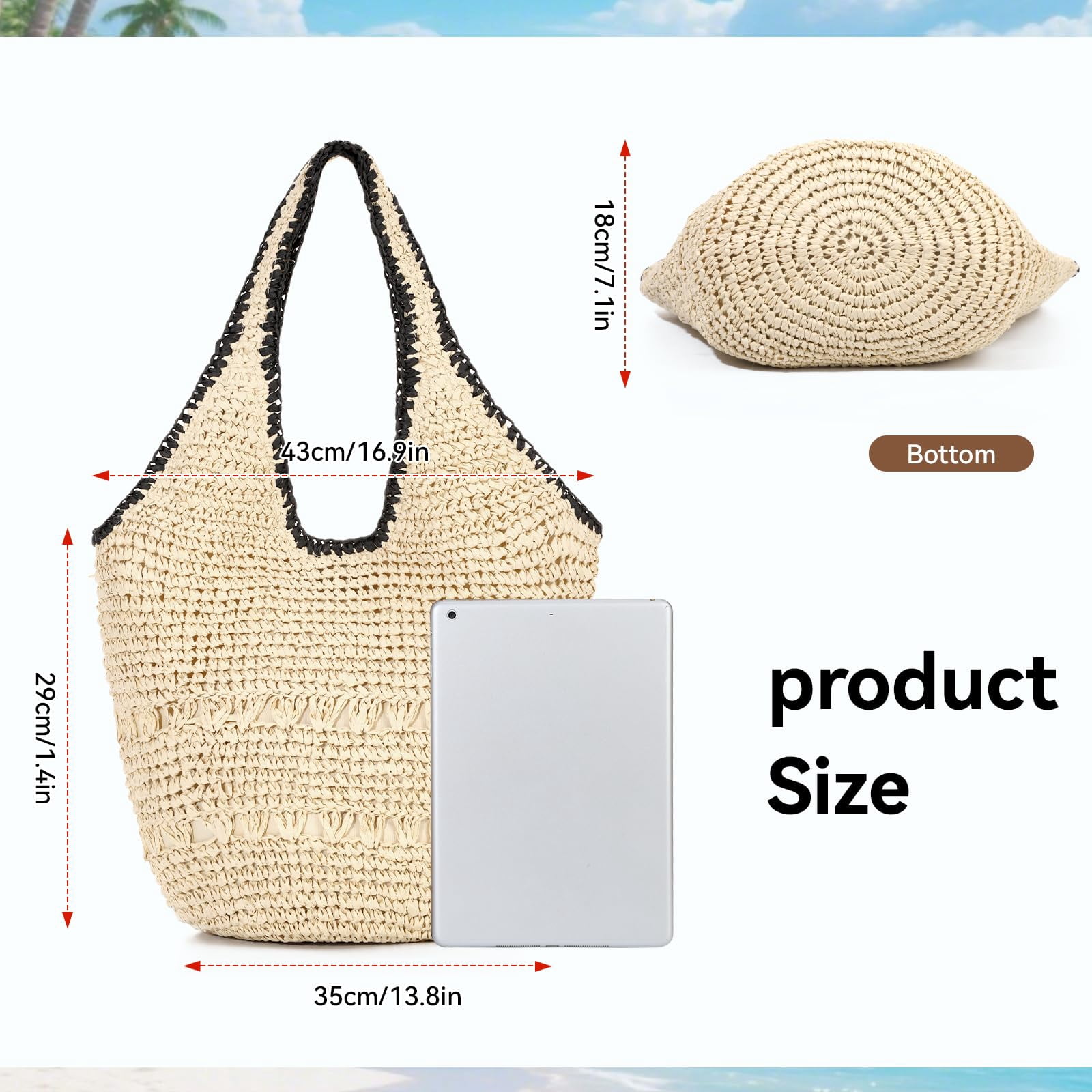 Beach Bags for Women Woven Summer Purses 2026 | Crochet Straw Bags, 13.8" Large Capacity, Tote with Magnetic/Zipper, Boho Handbag, Spring Summer, Vacation Purse