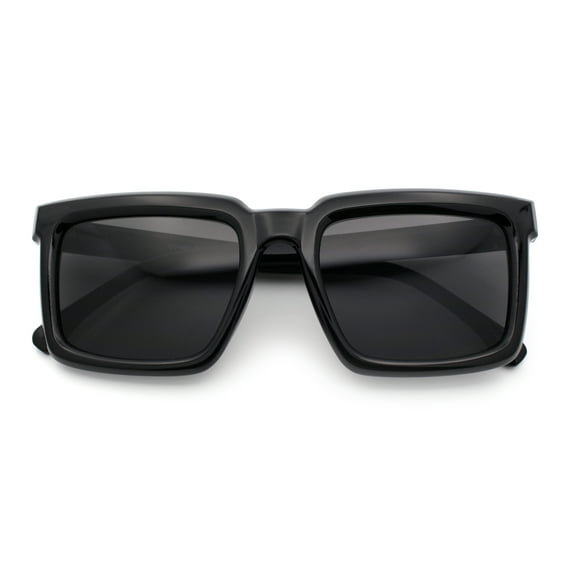 Beveled Thick Plastic Retro Horn Rim Rectangle Sunglasses All Black