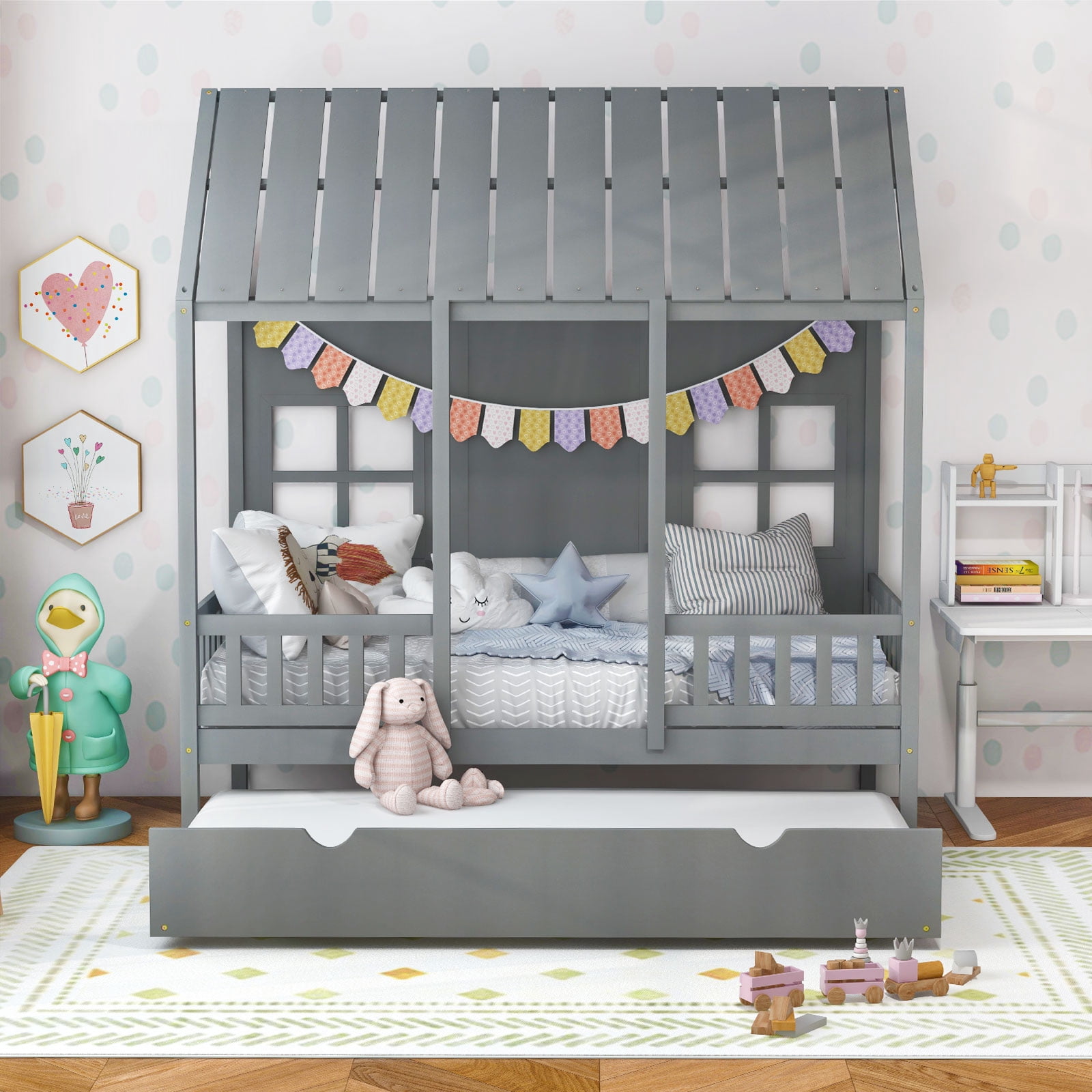Infans Twin Size House Bed with Trundle Fence Decor Wooden Windows Tall Roof Gray