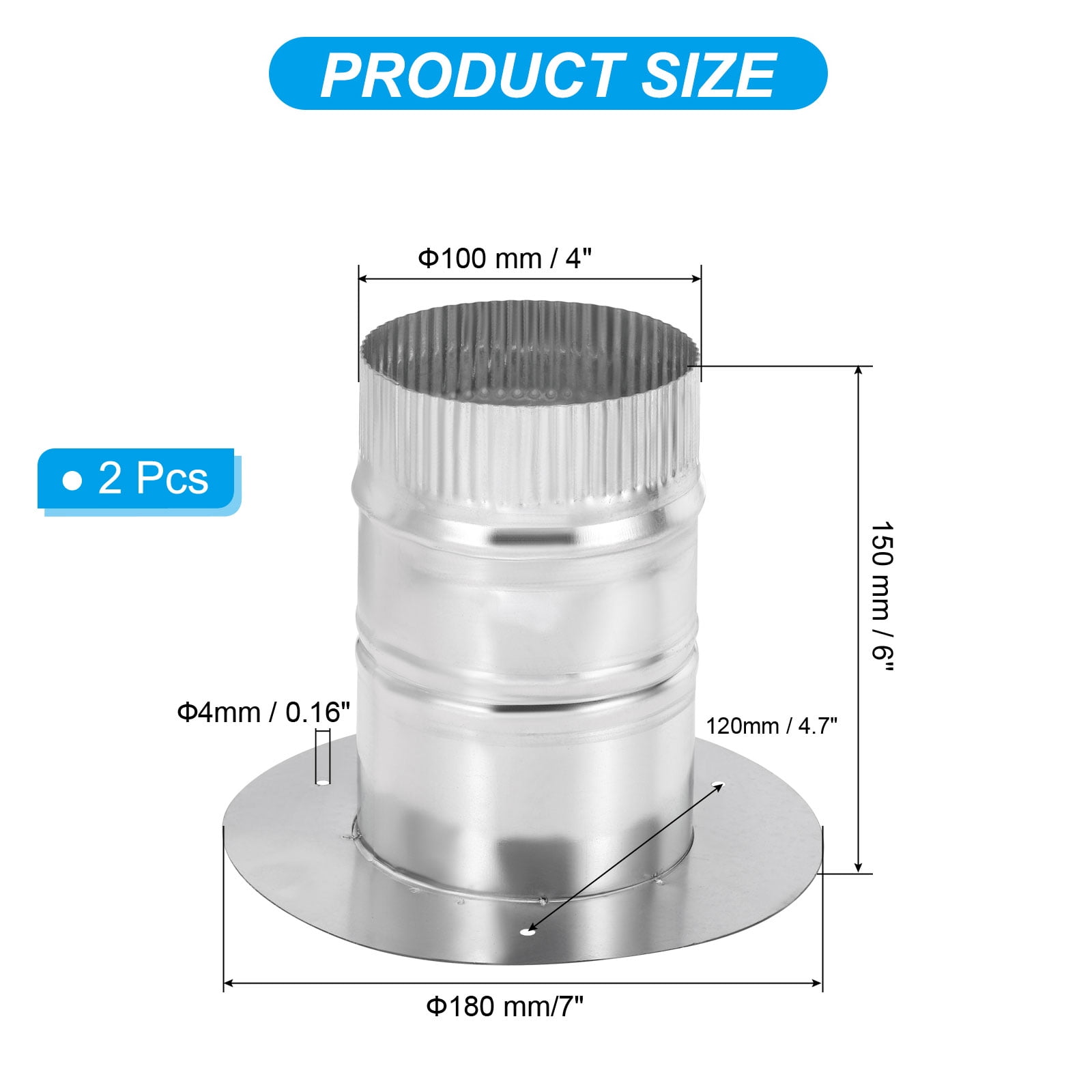 Uxcell 2 Pcs 4 Inch Galvanized Steel Round Duct Collar Duct Connector Flange Pipe Collar