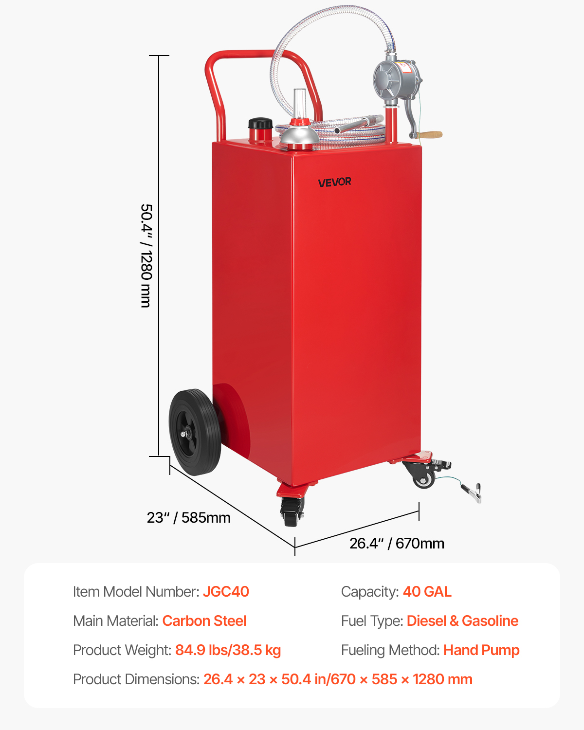 VEVOR 40 Gallon Fuel Caddy, Gasoline & Diesel Fuel Tank with Manual Transfer Pump, Portable Fuel Storage Tank with 4 Wheels & 10 ft Hose, Gas Caddy for Cars, Lawn Mowers, ATVs, Boats, More, Red