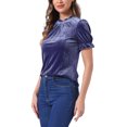thumbnail image 4 of INSPIRE CHIC Ruffle Collar Shirt for Women's Short Sleeve Velvet Tops Blouse L Dusty Purple Blue, 4 of 5