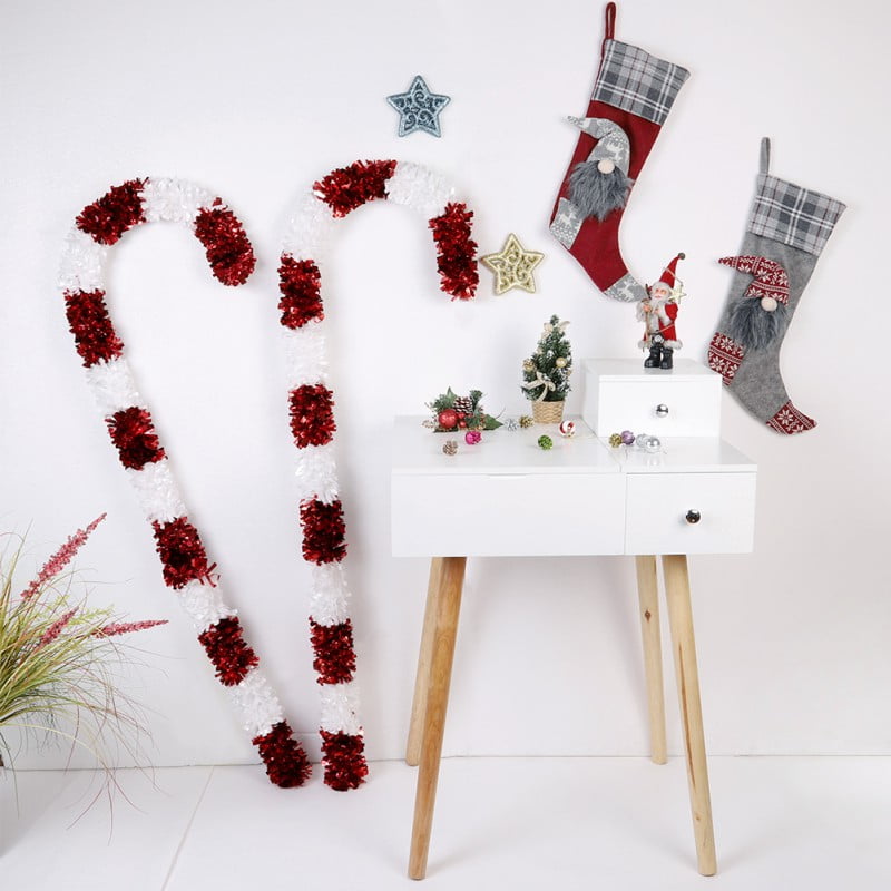 Christmas Candy Cane Tinsel, 2PCS Collapsible Red & White Tinsel Candy