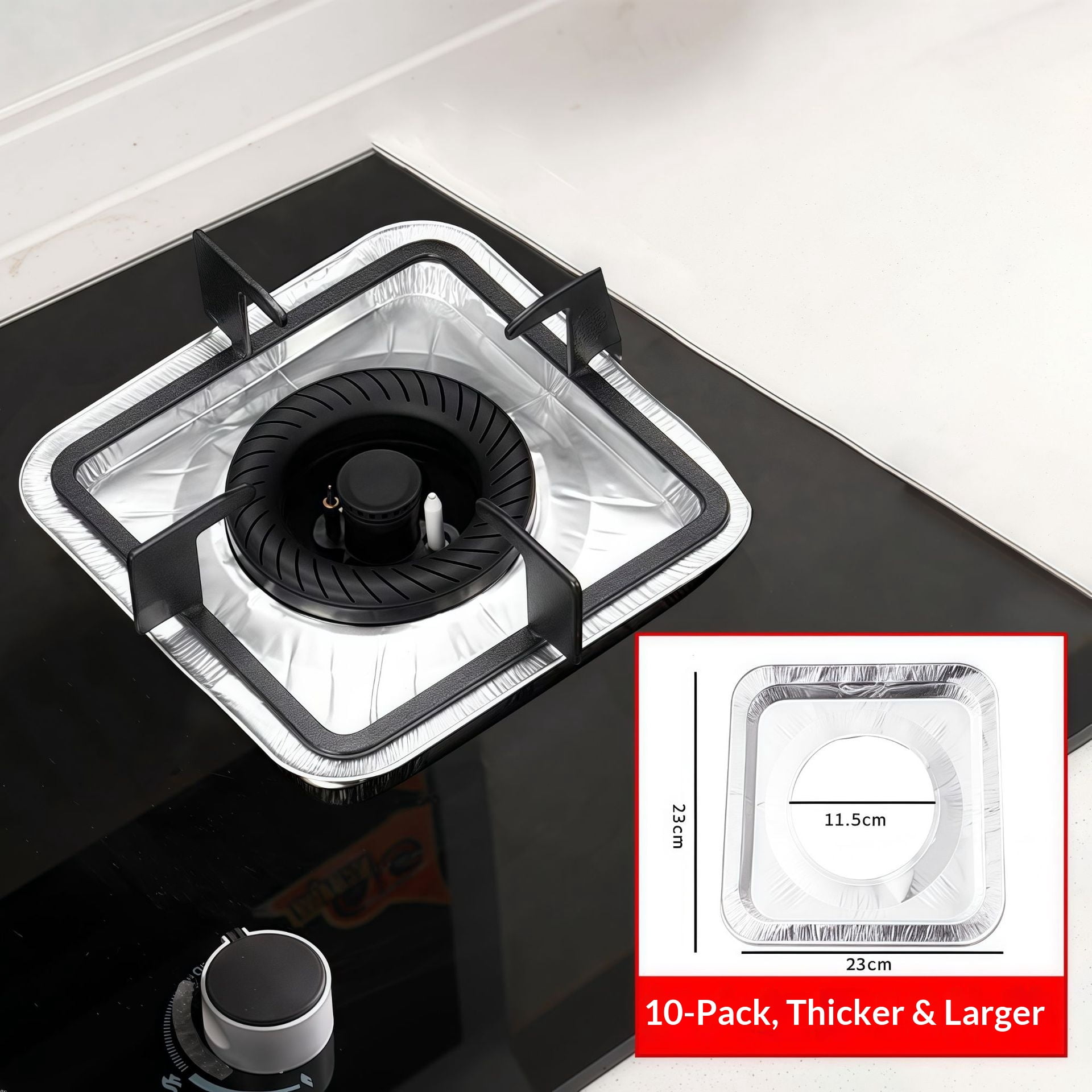 Disposable Gas Burner Liners (100 Pack) Aluminum Foil Square Gas Stove Burner Covers - 9Inch Gas Range Protector, Stove Top Covers for Gas Burners, Foil Liners to Catch Oil, Grease, and Food Spills