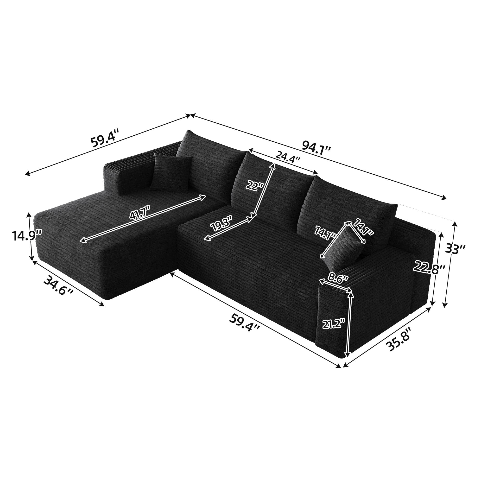 Sailvan 95" Cloud Sectional Sofa - Modern U-Shaped Modular Couch with Deep Seats - Plush Corduroy Fabric - No Assembly Required Black Left