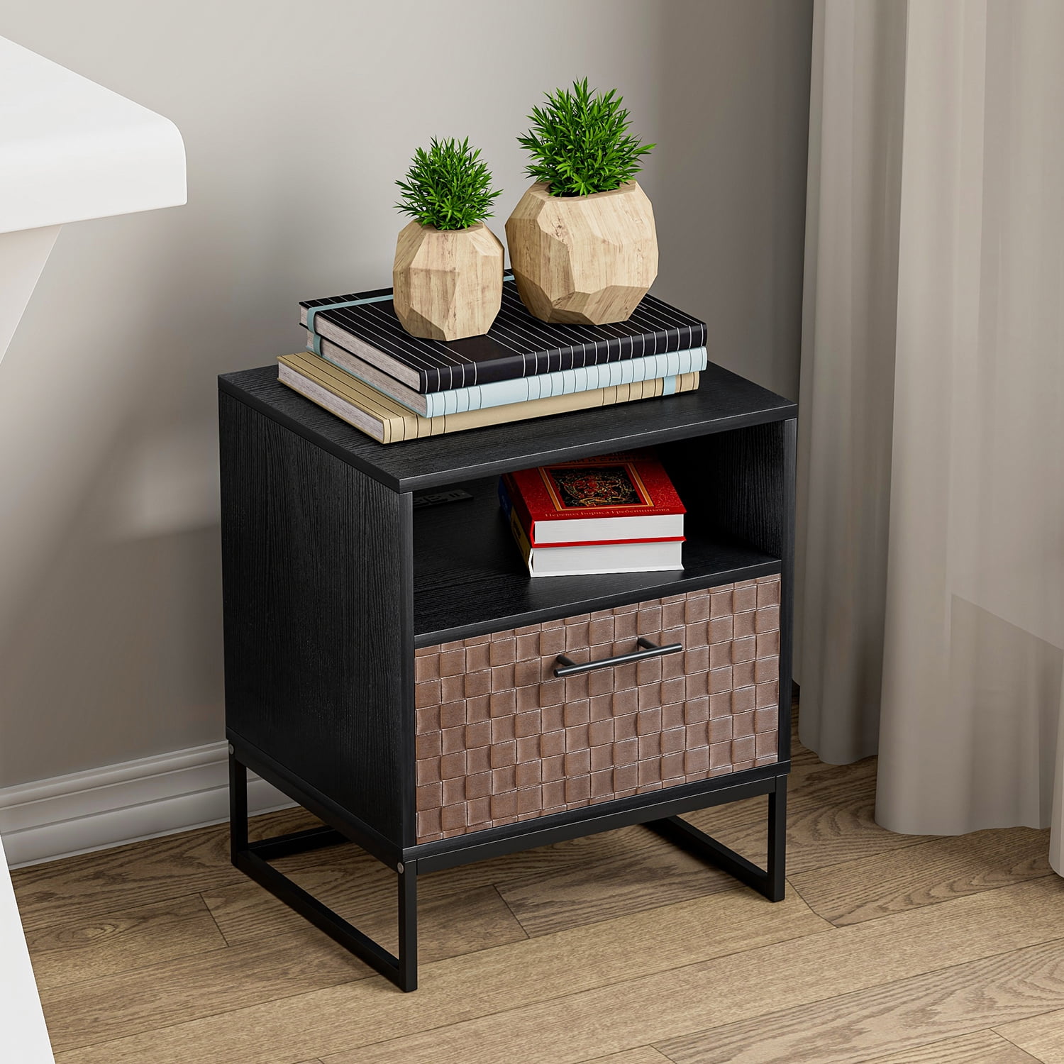 Kadyn Nightstand, 1 Door Bedside Table with Socket, End Table for Bedroom, Black Brown