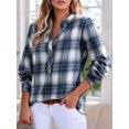 thumbnail image 6 of Women'S V Neck Plaid Shirts Dressy Casual Button-Down Business Work Boho Tops Long Sleeve Fall Outfits Navy Blue S, 6 of 9
