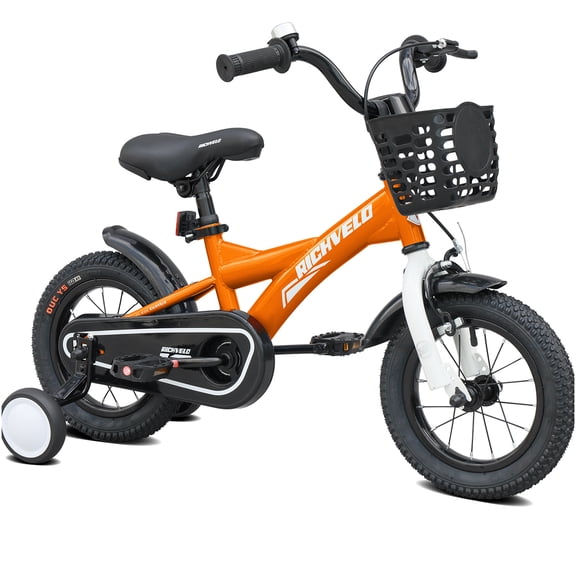 Orange Steel Bicycle with Training Wheels, Basket, Front V-Brake and Coaster Brake